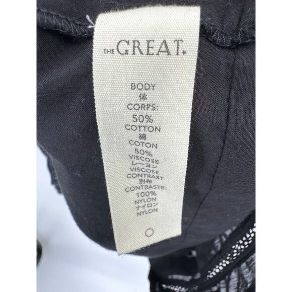 THE GREAT. The Portrait Tulle Flocked Cotton Voile Smocked Blouse Black Medium - Picture 8 of 10